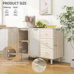 Beige Sideboard Cabinet with 2 Rattan Doors and 3 Drawers, Rattan Buffet Cabinet with Adjustable Shelves & Pine Legs, Boho Sideboard Buffet for Living Room, Kitchen, Entryway, Beige