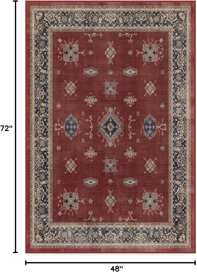 RUGGABLE Washable Vintage Area Rug – Verena Amber Red 4x6, Stain-Resistant, Non-Slip – Medium Machine Washable Rugs for Living Room, Bedroom, Hallway, Entryway & Office–with Standard Pad