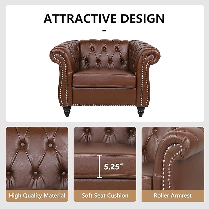 2 Piece Living Room Furniture Set, Faux Leather Loveseat and Chair Set, Mid Century Modern Upholstered Sofa Couch with Cushions, Vintage Comfy Tufted Chesterfield Couches for Bedroom, Office (Brown)