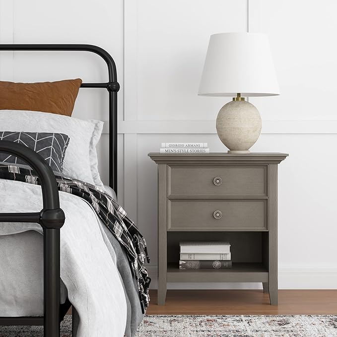 SIMPLIHOME Amherst SOLID WOOD 24 Inch Wide Traditional Bedside Nightstand Table in Farmhouse Grey, For the Living Room and Bedroom