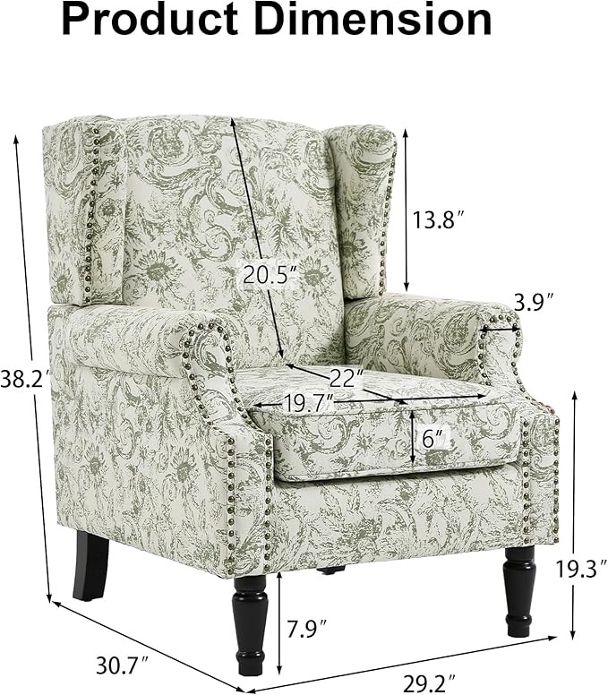 Pia Ricco High Back Floral Accent Chair - Retro Wingback Upholstered Armchair with Nailhead Trim, Solid Wood Legs, Fabric Living Room Bedroom Reading Chair (Plants Green)