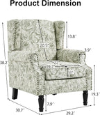 Pia Ricco High Back Floral Accent Chair - Retro Wingback Upholstered Armchair with Nailhead Trim, Solid Wood Legs, Fabric Living Room Bedroom Reading Chair (Plants Green)