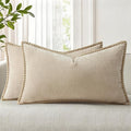 decorUhome Chenille Soft Throw Pillow Covers 12x20 Set of 2, Lumbar Velvet Farmhouse Neutral Decorative Euro Pillow Covers with Stitched Edge for Couch Sofa Bed Home Decor, Beige