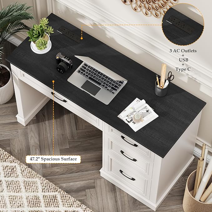 Farmhouse 47" Executive Desk, Computer Desk with Drawers and File Drawer, Workstation Computer Desk with Charging Station for Home Office, Study (Black)