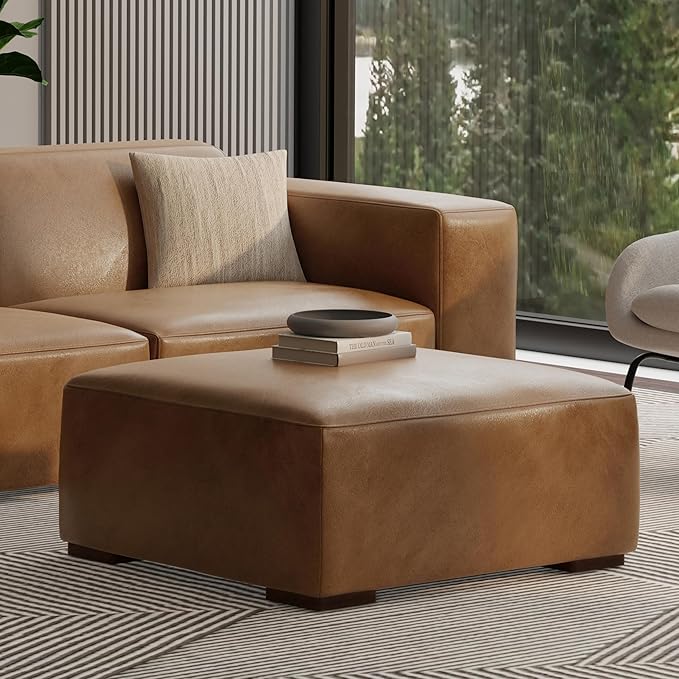 SIMPLIHOME Rex Ottoman in Full-Grain Genuine Leather, Caramel Brown, 34-inches Wide, Modern-Style Table Ottoman or Footrest, Assembled, for Living Room and Family Room