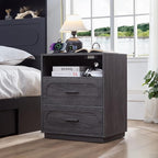Gray Night Stand with Charging Station, 21.7" Wide Wood End Table with 2 Storage Drawers, Open Shelf & Unique Base, Mid Century Modern Bedside Table for Bedroom, Living Room, Gray