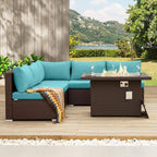 NICESOUL 6 Piece L-Shaped Patio Furniture Set with Fire Pit Table Natural Gas/Propane, 29.3'' High-Back Deep Wide Seat Outdoor Conversations, XL Big Fireplace Couches, Brown Rattan and Teal Cushion