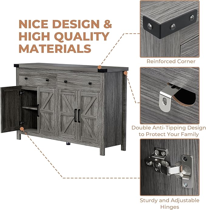 55" Sideboard Buffet Cabinet with Storage, Coffee Bar Cabinet with 2 Drawers and 4 Barn Doors, Long Storage Cabinet Modern Farmhouse, Grey Wood, for Kitchen, Dining Room, Living Room
