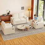 Furnimart 4-Seater Sectional Sofa and Couch Set Teddy Fabric, Loveseat & 2PC Chairs with USB Charger and Cup Holder, Small Living Room Furniture Set for Apartment, Tiny Homes and Lofts, 3PC-Beige