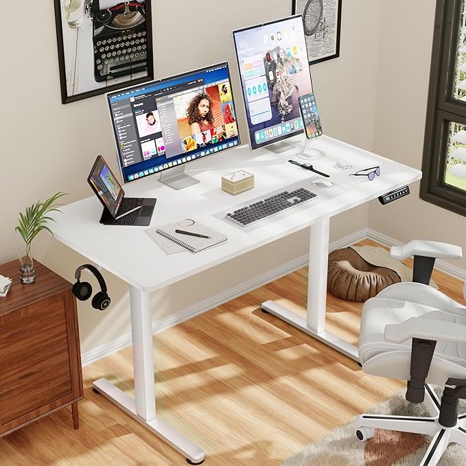 Shahoo 45.2 Inch Standing Desk, Electric Height Adjustable Computer Desks with Hook and Cable Hole, White