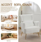 Corduroy Accent Living Room Arm Chair with Pillow & Golden Legs, 8.5" Thick Cushion, Mid Century Modern Wingback Chairs Upholstered Comfy Sofa Armchair for Reading Room/Bedroom, White