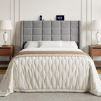 Full Size Headboard with Charging Station, Ergonomic Upholstered Linen Headboards Only, Wingback Wood Bed Head Board with Storage Pocket, Bed Frame Adapters, Light Grey