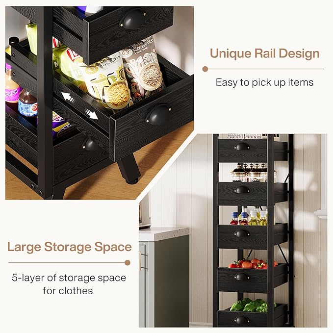 Tribesigns Black Wood Fruit and Vegetable Storage Rack Set of 2, 5-Tier Narrow Snack Stand Kitchen Stand Fruit Basket, Pull-Out Utility Organizer for Kitchen, Living Room