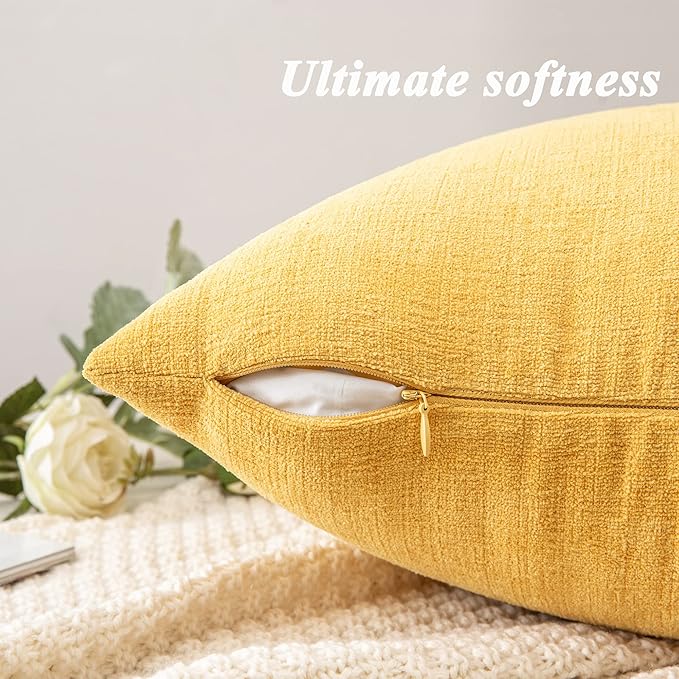 GAWAMAY Decorative Square Throw Pillow Covers 22"x22" Inch Set of 2, Super Soft Chenille Pillows Farmhouse Fall Pillowcase for Living Room Bedroom Sofa Couch Cushion Cover Mustard Yellow 55x55cm
