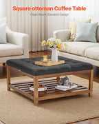 VEVOR Large Square Ottoman Coffee Table, 34.5 Inch Tufted Coffee Table with Solid Wood Shelf Storage, Linen Solid Upholstered Footrest Ottoman for Bedroom Living Room, 400 LBS, Dark Grey