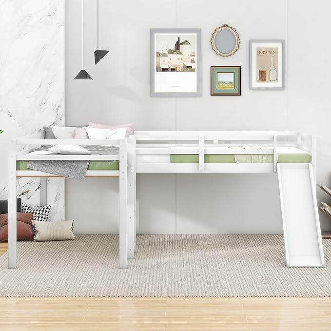 L-Shaped Twin Size Loft Bed with Ladder and Slide,Solid Wood Structure Bed Frame,w/Safety Guardrail & Slat Supports,Space Saving,Easy to Assemble,for Kids,Teens,Girls & Boys,White