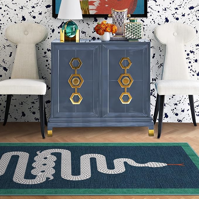 RUGGABLE x Jonathan Adler Machine Washable Modern Area Rug – Venom Sapphire 6 ft Round, Stain-Resistant, Non-Slip – Medium Rugs for Living Room, Bedroom, Hallway, Entryway & Office–with Standard Pad