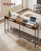 VASAGLE 55.1-Inch Console Table with Outlet and Shelves, Sofa Table with Charging Station, Behind Couch Table Skinny, Entryway Table for Hallway, Living Room, Rustic Brown and Ink Black ULNT120K01