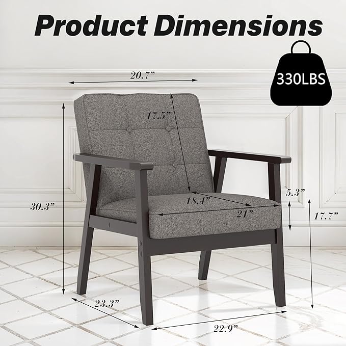 Modern Accent Chair with Arm Rest, Upholstered Linen Fabric Leisure Chair Comfy Side Chair with Backrest Button and Wooden Frame for Living Room Bedroom Reading(Gray)