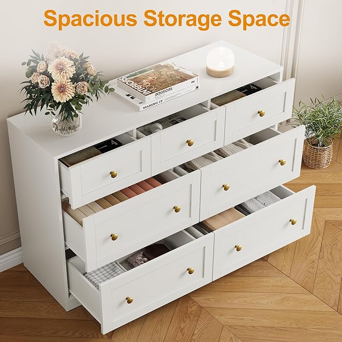 RoyalCraft 7 Drawer Dresser, 47'' Wide Modern Chest of Drawers with Gold Knobs, Wooden TV Stand Storage Organizer for Bedroom, Living Room, Entryway, White