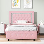 BarnFurin Twin Bed Frame with Headboard, Faux Leather Upholstered Bed with Diamond Tufted Design, Princess Twin Bed Frames for Kids, No Box Spring Required, Easy Assembly, Pink