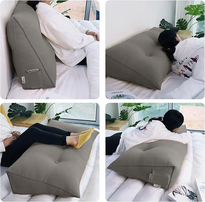 WOWMAX 85% Linen 15% Cotton Blend Headboard Pillow – King Size Reading Wedge Backrest for Bed, Handmade Firm Support Bolster Cushion with Removable Cover, Premium Bed Rest Pillow, Light Gray