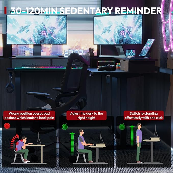 SANODESK 71" L Shaped Standing Desk with 4 Drawers, Height Adjustable Stand up Desk, Corner Gaming Desk with Monitor Stand, Black Frame/Black Top