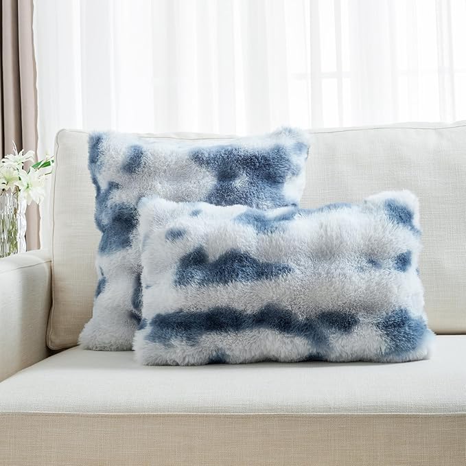 FUTEI Blue White Decorative Throw Pillow Covers 22x22 Inch Set of 2,Soft Fuzzy Faux Rabbit Fur Cushion Covers with Raised Texture,Neutral Boho Home Decor for Couch Bed Living Room