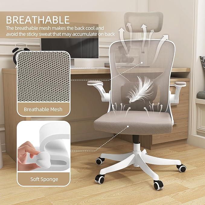 Monhey Office Chair Ergonomic Desk Chair with Lumbar Support&Headrest&Flip-up Arms Height Adjustable Rocking Swivel High Back Computer Chair Warm Taupe Mesh Study Chair (04White+Khaki)
