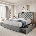 Queen Size Bed Frame with 4 Storage Drawers & Charging Station, Linen Upholstered Platform Bedframe, Button Tufted Wingback Headboard, Sturdy Wooden Slats, No Box Spring Needed, Light Grey