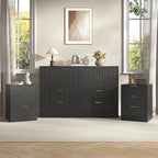 3-Piece Modern Bedroom Furniture Set, Wide 8-Drawer Dresser & 3-Drawer Nightstands Set of 2, Natural Wood Dresser and Nightstand Sets for Bedroom, Hallway, Black