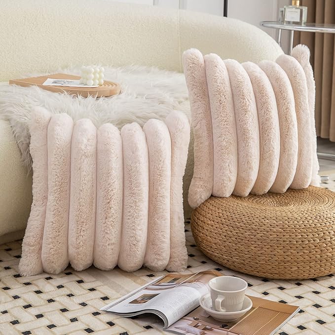 Neelvin Beige Faux Fur Cozy Soft Striped Decorative Throw Pillow Covers 16x16 inch Set of 2,Velvet Pillowcase Cushion Case for Sofa Couch