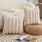 Neelvin Beige Faux Fur Cozy Soft Striped Decorative Throw Pillow Covers 22x22 inch Set of 2,Velvet Pillowcase Cushion Case for Sofa Couch