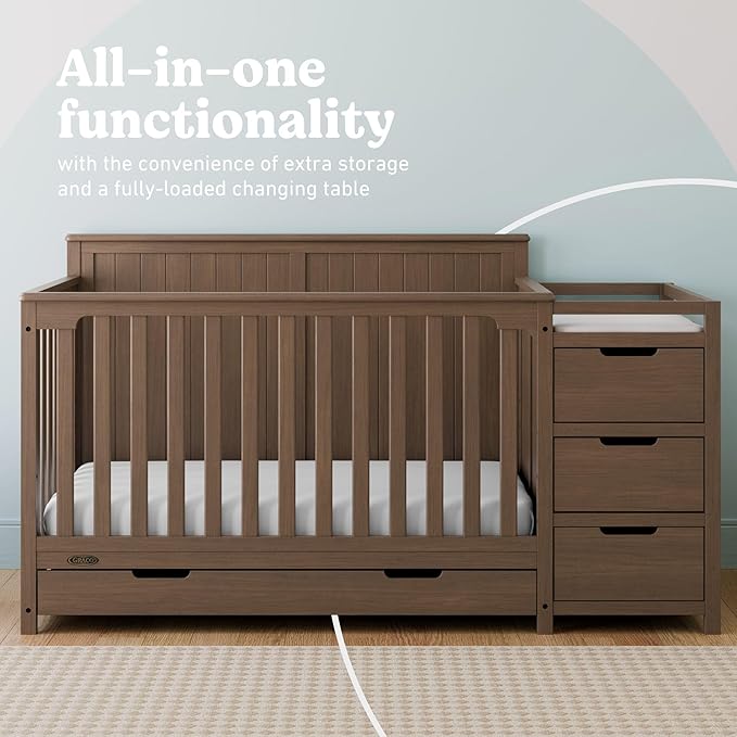 Graco Hadley 5-in-1 Convertible Crib & Changer (Hazelnut) – GREENGUARD Gold Certified, Fits Standard Crib Mattress, Converts to Toddler Bed and Full Bed, 4 Adjustable Mattress Heights