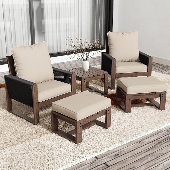5 Piece Patio Bistro Chair Set with Ottoman, Wooden Outdoor Patio Furniture Set, Patio Wicker Chairs with Coffee Tables for Balcony Deck Backyard