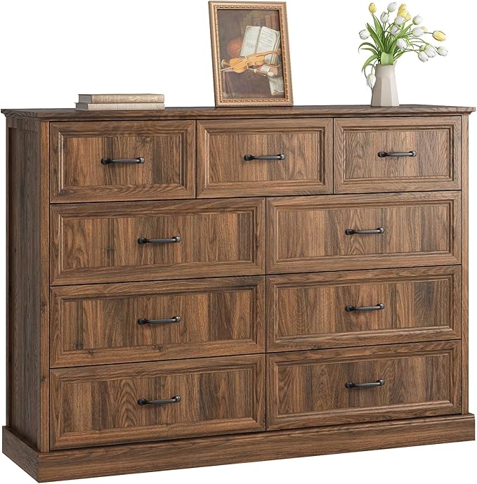 CARPETNAL Farmhouse 9 Drawer Dresser for Bedroom, 55 Inch Wide Modern Brown Dresser TV Stand with Large Drawers & Bar Handles, Rustic Wood Chest of Drawers for Bedroom, Living Room, Hallway, Entryway.