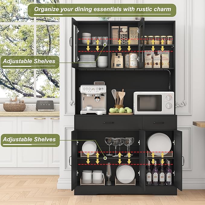 71" Kitchen Pantry Cabinet: Hutch Cabinet with Glass Doors, Pantry Cabinets with Drawers, Adjustable Shelves, LED Light & Power Outlets for Kitchen, Living Room, Dining Room (Black)