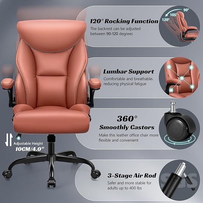 Office Chair, Ergonomic Big and Tall Computer Desk Chairs, Executive Breathable Leather Chair with Adjustable High Back Flip-up Armrests, Lumbar Support Swivel PC Chair with Rocking Function