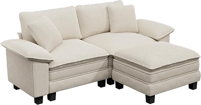 87-Inch L Shaped Sectional Sofa with Cloud Cushions, Deep Seat Modular Couch Set w/ 3 Seats & 1 Ottomans, Removable Arms, Plush Corduroy Upholstery for Living Room, Apartment - Beige