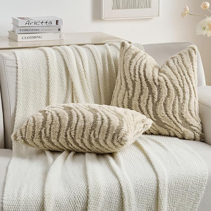 FUTEI Beige Decorative Throw Pillow Covers 26x26 Inch Set of 2,Soft Faux Fur Geometric Shapes Texture Euro Pillow Shams,Boho Home Decor for Couch Bed Living Room