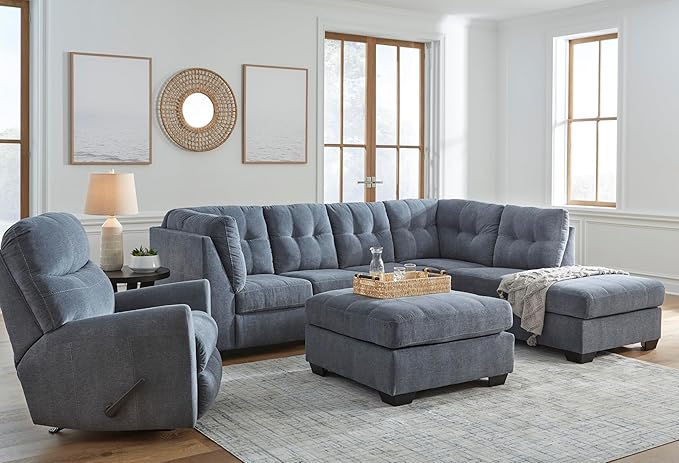 Signature Design by Ashley Marleton Contemporary Right-Arm Facing Tufted 2-Piece Sectional with Chaise and Loose Seat Cushions, Blue