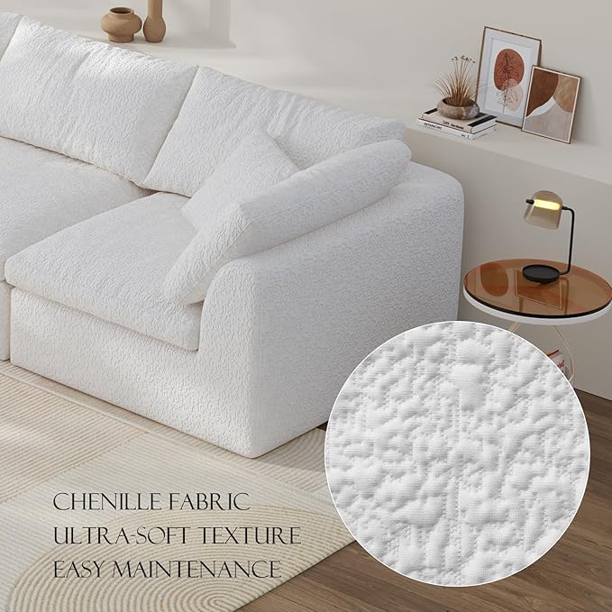 138" Boneless Cloud Couch Modular Sectional Sofa with Deep Seat for Living Room, L Shape Couch with Ottoman, Snowflake Cloth and 40D Memory Sponge，2 Throw Pillows (White, 4 Seater+1 Ottoman)