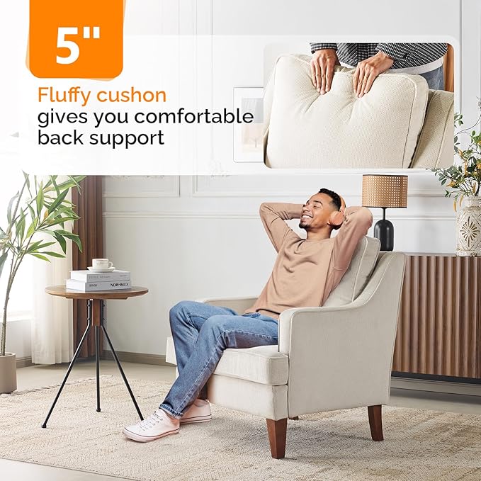VINGLI Mid-Century Modern Accent Chair, Beige Upholstered Armchair Comfy Sofa Chair Reading Chair High Back for Living Room Bedroom Furniture Apartment