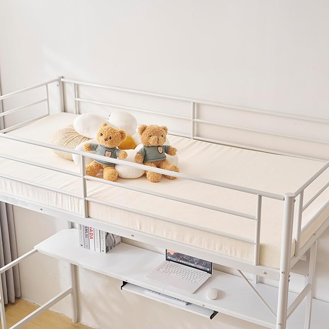 Karl home Twin Loft Bed with Desk and Storage Shelvs,Twin Bunk Bed with Desk for Kids Teens Adults, Saving Space,No Box Spring Needed, Non-Noice, White