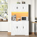 71" Kitchen Pantry Cabinets with Hutch - Freestanding Pantry Cabinet with Drawer, Adjustable Shelves, LED Light & Power Outlets for Kitchen, Dining Room, Living Room (White)