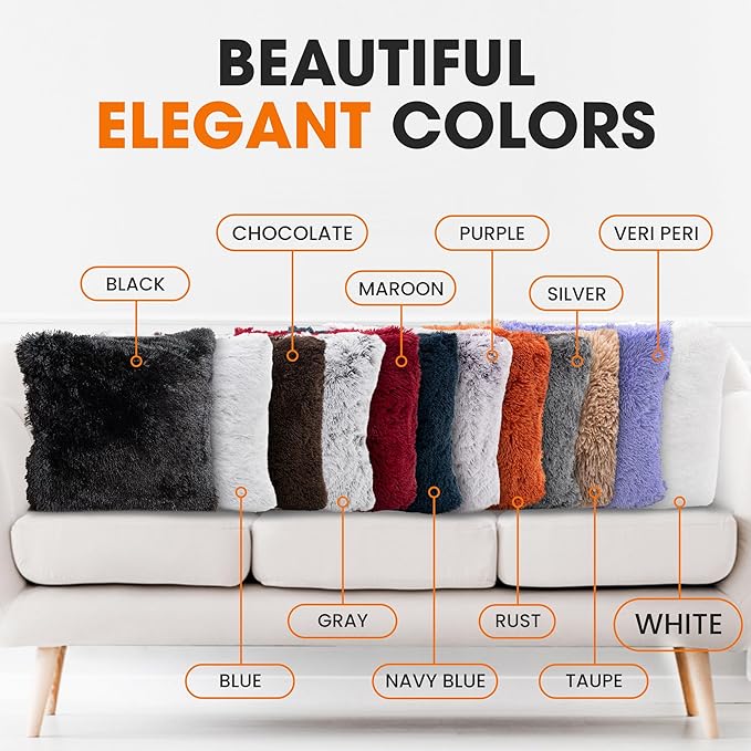 Cheer Collection Throw Pillows for Couch and Bed, Soft Shaggy Throw Pillows with Inserts Included, Cozy Long Hair Faux Fur Pillows - Set of 2-22" x 22" White