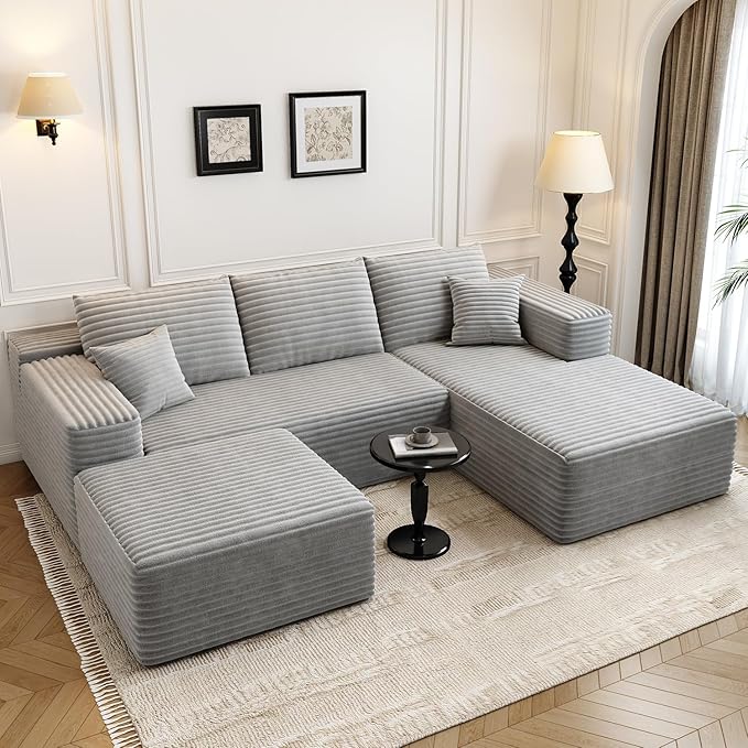 107.5" Cloud Modular Sectional Couch with 1 Ottoman,Modern Minimalist Upholstered Couches, Comfort U Shaped Sofa for Living Room,Deep Seat Corner Couch，No Assembly Required (Grey,Right Facing Chaise)