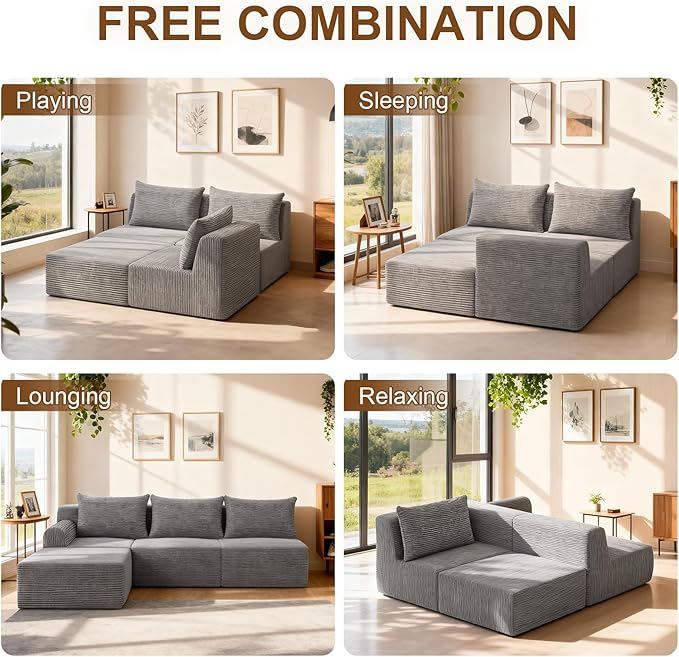 JSLOVE Modular L-Shape Sectional Sofa with Chaise, 3 Seat Movable Boneless Cloud Couch in One Box, Sofa Couch Bed with Ultra-Soft Corduroy Fabric, No Assembly Required for Living Room, Bedroom(Grey)