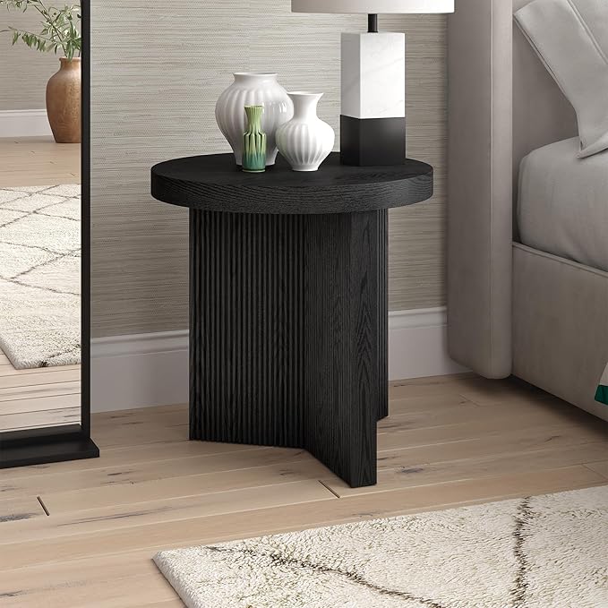 Henn&Hart 22" Fluted Scandinavian Round End Table, Ribbed Side Table, Nightstand for Living Room, Office, Family Room, or Bedroom, Black Grain