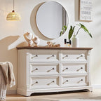 Farmhouse 6 Drawers Dresser for Bedroom, 54" Wide Large Dressers & Chests of Drawers w/Roman Column, Wooden Dresser TV Stand with Large Drawers for Nursery Bedroom Living Room Hallway, Antique White